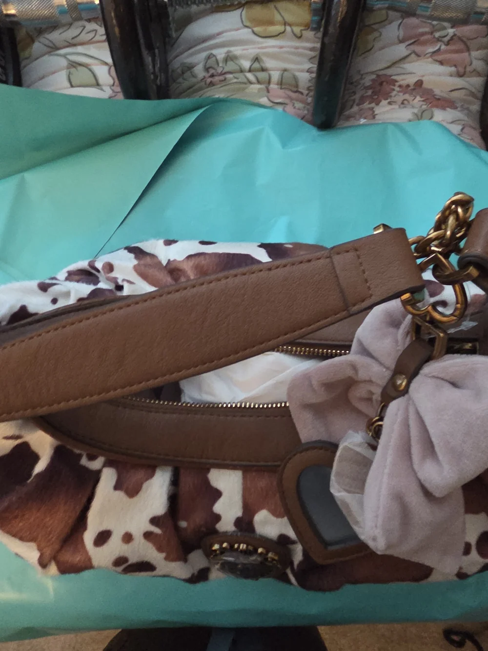 Juicy Couture Saddle Brown & White Cowhide Hobo with Chain Accent